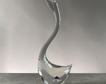 Vintage 9" Clear Crystal Swan Figurine - Elegant Hand Made Glass Sculpture