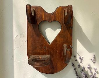 Vintage Wooden Hair Dryer Holder, Cutout Heart Pine Organizer, Rustic Cottagecore Style