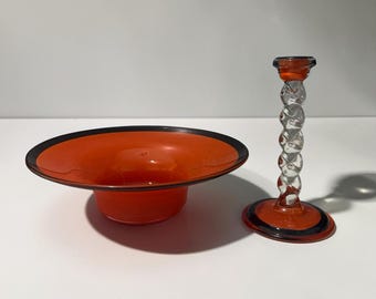 Vintage Czech Art Glass Bowl & Candlestick | 1920s-1930s Art Deco Tango-Style
