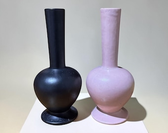 Royal Haeger Matte Black Pink Bottle Vases | Mid Century Modern MCM Pottery Pair 9"