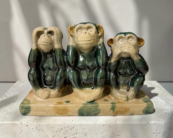 Vintage Three Wise Monkeys Ceramic Statue Large Mid Century Majolica Drip Glaze Pottery