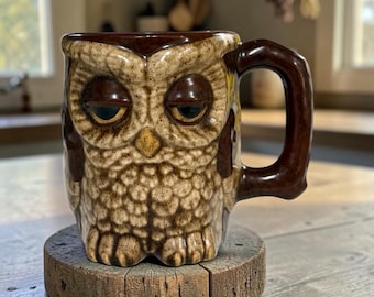 Vintage Studio Pottery Owl Mug, Earthy Brown Drip Glaze, Signed BT Monogram Coffee Cup