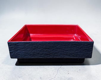 Vintage Stahl California Ceramic Tray, Black Textured Red Interior MCM Asian Modern Pottery