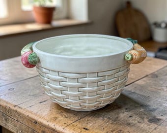 Fitz and Floyd Vintage Basketweave Bowl | Carrot Radish Handles, Cottagecore Kitchen Decor