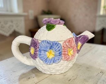Vintage Floral Basketweave Teapot, Ceramic Pansy Flower Display, Cottage Chic Shelf Home