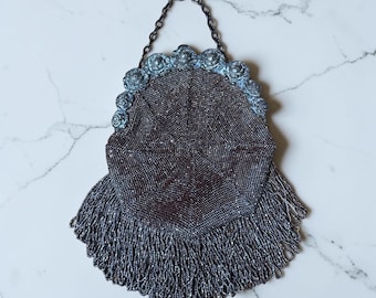 Antique Micro Beaded Purse German Silver Rose Frame Fringe Flapper Bag 1920s Edwardian