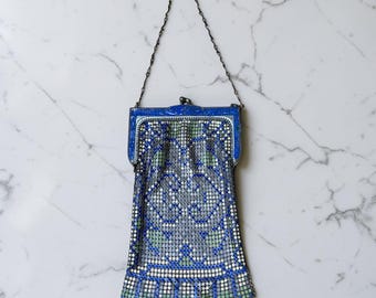 Antique 1920s Whiting & Davis Mesh Purse - Cobalt Blue Enamel Frame Art Deco Flapper Handbag Geometric Pattern - Vintage Evening Bag