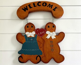 Hand-Painted Gingerbread Couple Welcome Sign, Retro 80s Kitchen Wall Decor