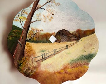 Hand-Painted Cast Iron Plow Disc Art | Rustic Barn Landscape, Americana Decor