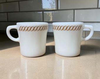 Vintage Pyrex Regency Gold Scroll Milk Glass Mugs – Set of 2, Mid Century Cups