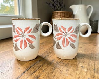 Vintage 1970s Japanese Stoneware Mugs, Hand Painted Terracotta Floral Ring Handle Coffee Cups