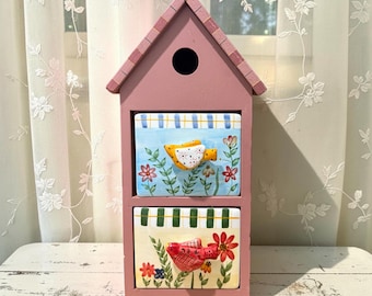 Vintage Pink Wooden Birdhouse Vanity Desk Organizer | Ceramic Floral Bird Drawers | Cottagecore Jewelry Box Trinket Cabinet Storage