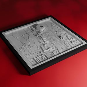 Pode incluir: Um modelo arquitetônico tridimensional branco de uma cidade, emoldurado em uma moldura quadrada preta. O modelo é definido em um fundo vermelho gradiente. O modelo inclui edifícios, estradas e um estádio.