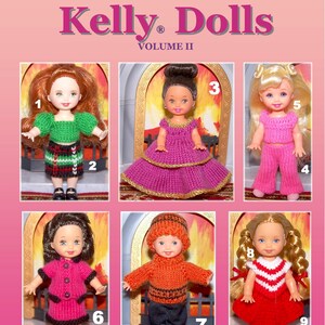 May include: A book cover with the title "Knitting Patterns for Kelly Dolls Volume II" and a collage of nine photos of knitted doll outfits. The book cover features a pink background with a yellow starburst and the text "50 Original Designs".