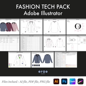 Peut inclure: Un modèle de pack technique de mode pour Adobe Illustrator. Le modèle comprend une section de présentation, des détails, un tableau des tailles, un guide de mesure, la position des étiquettes, les coloris, les commentaires d'échantillon et les étiquettes. Le modèle est conçu pour une veste avec une fermeture éclair et une chemise à manches longues.