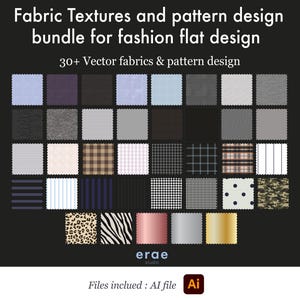 Puede incluir: Una colección de texturas de tela y diseños de patrones para diseño plano de moda. La imagen presenta una cuadrícula de varias muestras de tela, incluyendo colores lisos, rayas, cuadros y estampados de animales. El texto dice "Fabric Textures and pattern design bundle for fashion flat design."
