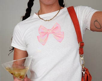 Coquette Bow Baby Tee, 2000s Cropped T-Shirt Y2K Style, Coquette Soft Girl Era Shirt, Gift, Trendy Clean Girl Retro Aesthetic Graphic Tee