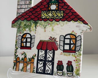 Hand-Painted Ceramic House Wall Hanging | Cottage Home Decor Plaque | Whimsical Housewarming Gift
