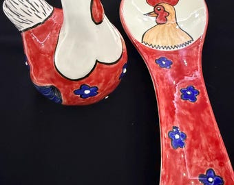 Handmade Red Ceramic Chicken Spoon Rest: Festive Kitchen Decor