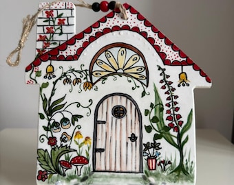 Hand-Painted Ceramic Cottage Wall Art – Whimsical Red Roof Decor