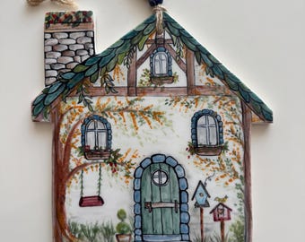 Hand Painted Ceramic Cottage House Wall Hanging - The Green-Door House