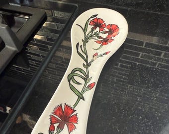Handmade Ceramic Spoon Rest | Unique Hand-Painted Carnation Design | Dopamine Kitchenware Decor by Ornamentile