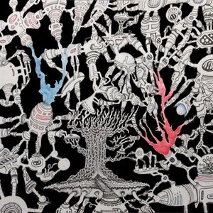 Peut inclure: Un dessin à l'encre noire et blanche d'un arbre avec de nombreuses branches. L'arbre est entouré d'un réseau de figures blanches stylisées interconnectées avec des accents d'aquarelle bleus et rouges.