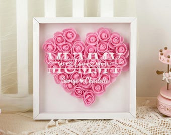 Personalized Flower Shadow Box for Mom,Custom Heart Shaped Flower Shadow Box,Roses Shadowbox Frame with Name,Gift for Mom,Mother's Day Gift