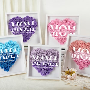 Caja de sombra de flores personalizada para mamá, marco de corazón de rosa con nombre y texto personalizados, regalo de flores para mamá abuela, regalo de cumpleaños, regalo del día de la madre