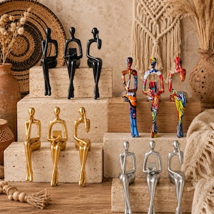 Handgjord abstrakt skulpturset, färgglada moderna figurer, bohemisk hylla och skrivbordsdekor, unik inflyttningspresent, speciell present till chefen