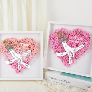 Caja de sombras de rosas personalizada para el Día de la Madre: marco floral personalizado con nombres de hijos/nietos, regalo de recuerdo en forma de corazón para mamá y abuela.