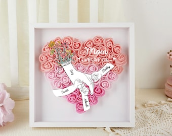 Personalized Flower Handprints Shadow Box for Mom,Custom Holding Hands Rose Frame with kids Name,Gift for Mom,Grandma Nana,Mother's Day Gift