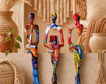Handgefertigtes abstraktes Skulpturenset | Farbenfrohe moderne Figuren, Boho-Schreibtischdeko, einzigartiges Geschenk für den Chef, Einzugsgeschenk