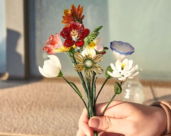 Cusotm Glass Floral Figurines,Personalized Birth Flower Gifts,Handmade Glass Birth Month Flower Bouquet,Gift for Mom,Gift for Her,Home Decor