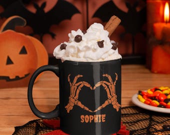 Personalized Spooky Halloween Mug , Ceramic Skeleton Heart Shaped Mug for Halloween for Him & Her , Autumn Gift 2026 , Spooky Fall Gift Idea