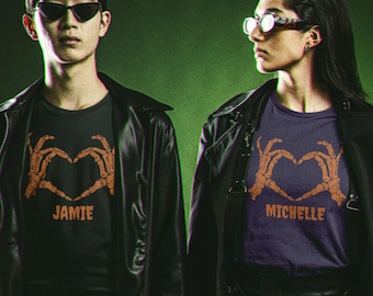 Custom Name Halloween Tshirt, Skeleton Heart Personalized Shirt, Creepy Matching Costume Tee for Family and Groups, Halloween for Him & Her