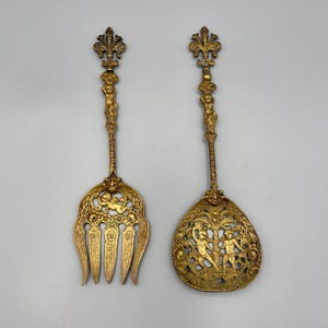Vintage Ugo Bellini Salad Serving Set | Large Italian Brass Spoon and Fork with Cherubs and Floral Motifs