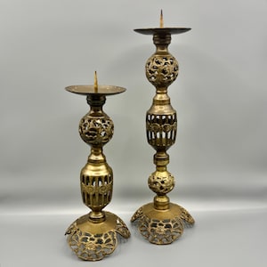 Vintage Brass Filigree Pillar Candle Holders | Pair of Ornate Pillar Candle Holders | Mantle Decor