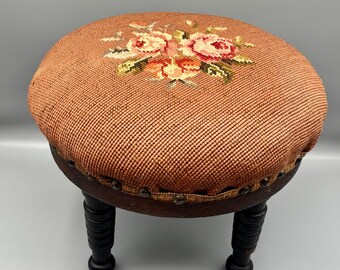 Vintage Victorian Needlepoint Footstool | Floral Embroidery Ottoman | Floral Tapestry Footstool