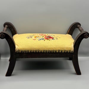 Vintage Victorian Needlepoint Footstool | Edwardian Style Floral Pattern Ottoman | Vintage Two Handle Floral Needlepoint Accent Stool
