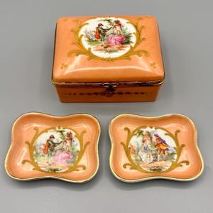 Antique French Porcelain Box & Trinket Dish Set | Late 19th Century Hand Painted Romantic Scenes Porcelain
