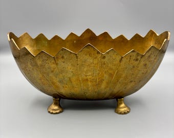 Vintage Brass Art Deco Style Footed Planter | Heavy Oblong Saw Tooth Jardiniere