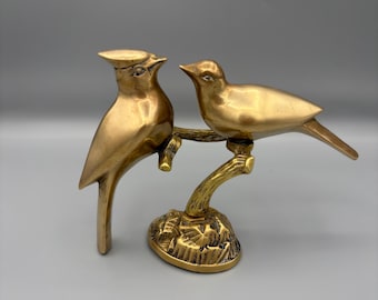 Vintage Solid Brass Love Birds | Brass Cardinals on Branch Figurine | Romantic Mid-Century Decor