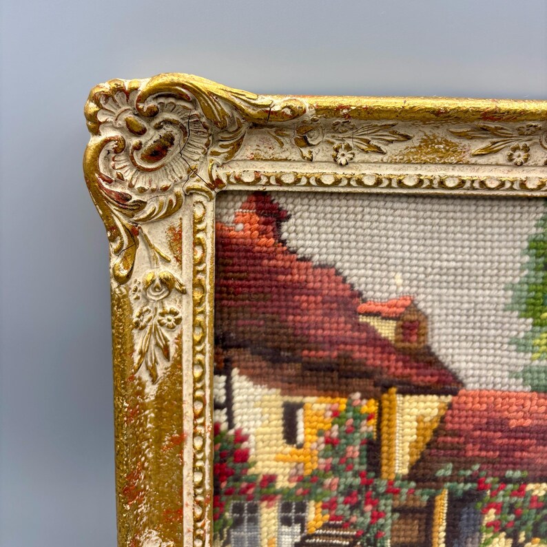 Vintage Needlepoint Wall Art | Framed Cottage Scene With Floral Details ...