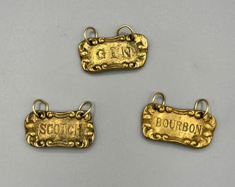 Set of 3 Vintage Brass Liquor Tags | Gin, Bourbon, and Scotch Tags | Vintage Barware Decor