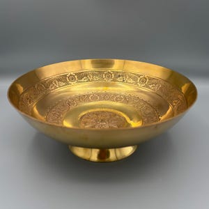 Vintage Solid Brass Pedestal Bowl with Etched Floral Details | Large Brass Compote