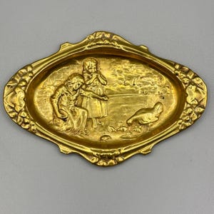 French Art Nouveau Style Brass Tray | Ornate Floral Border Pin Dish or Wall Plaque of Children Feeding Chickens