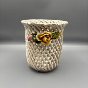 Vintage Italian Ceramic Braided Basket Cachepot with Applied Roses | Handmade Italian Floral Pot