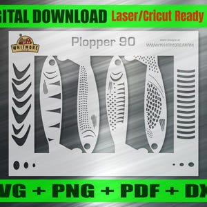 Op de afbeelding: Een digitaal sjabloonbestand met het label Plopper 90, voorzien van vier verschillende vissilhouetten met gevarieerde schub- en vinpatronen, naast geometrische randelementen. Het ontwerp bevat het Whitmore Farm logo en de website voor lasersnijden.
