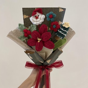 Häkelweihnachtsstrauß,Strickblumen,Häkelblumenstrauß,Häkelarbeit Tulpe Rose Blume,Weihnachtsgeschenke,Fertiges Häkelblumenstrauß